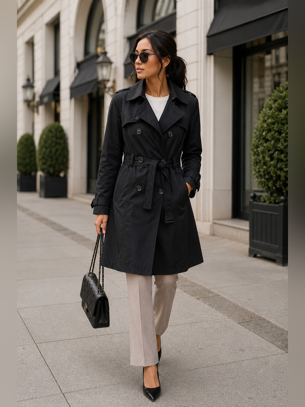 Banana Republic Petite S Black Cotton Trench Coat Belted Classic Double Breasted